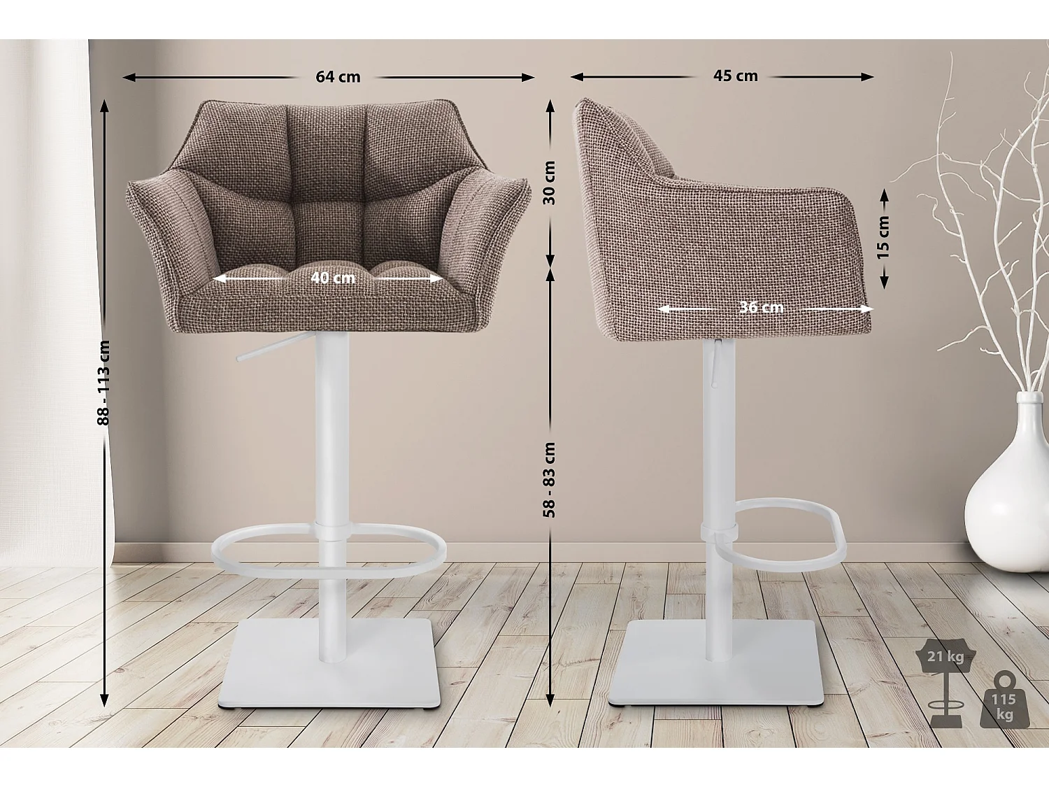 Tabouret de bar - Tissu & Blanc - Marron terre - Damaso