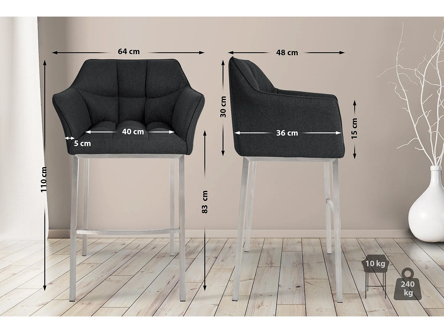 Tabouret de bar - Feutrine & Acier inoxydable - Anthracite - Damaso