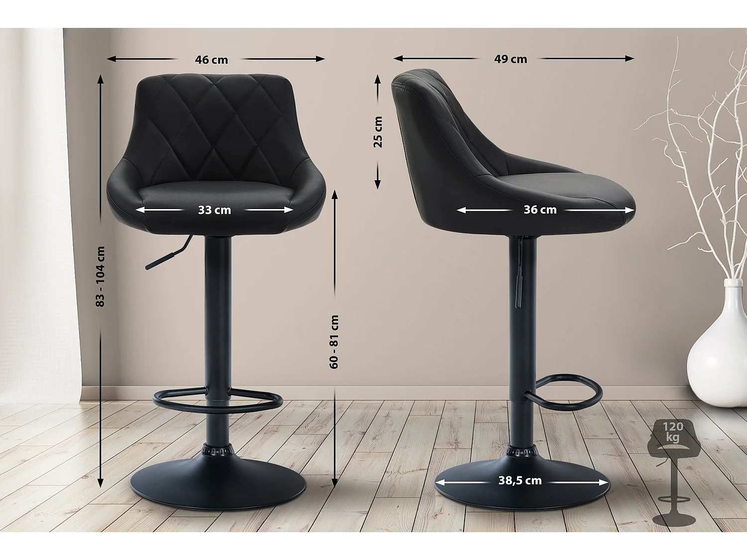 Tabouret de bar - Similicuir & Noir - Noir - Lazio