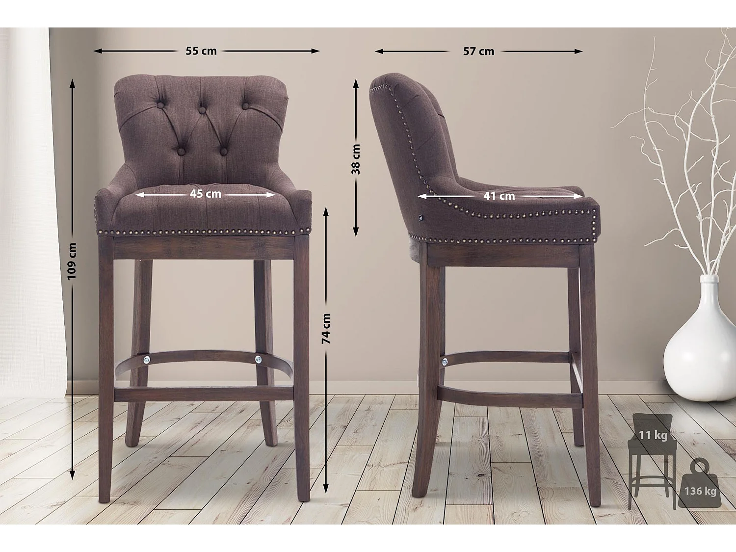 Tabouret de bar - Tissu & Bois - Marron - Lakewood