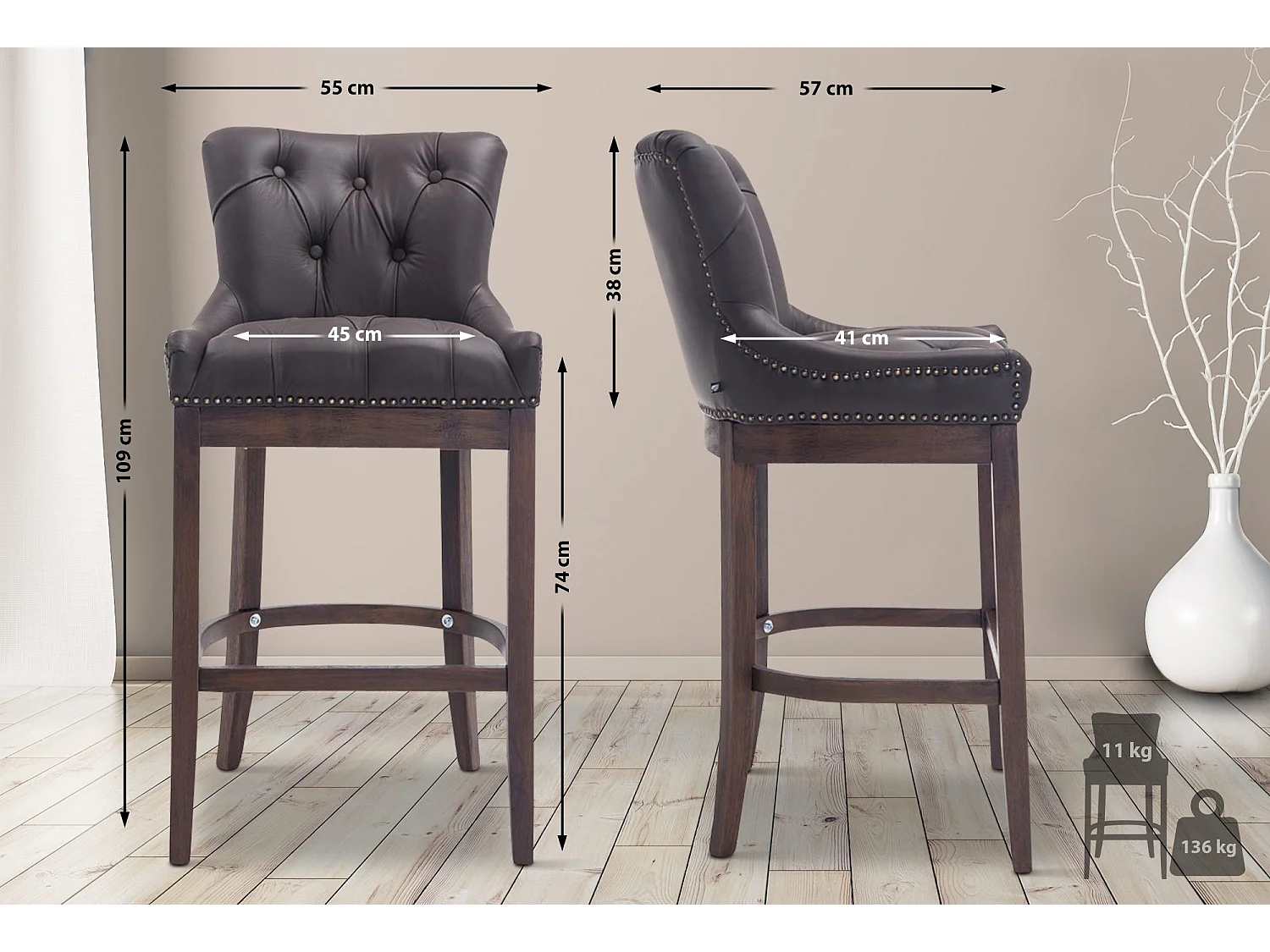 Tabouret de bar - Véritable cuir & Bois - Marron - Lakewood