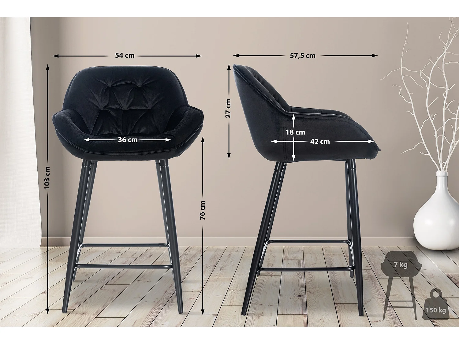 Tabouret de bar - Velours & Métal - Noir - Gibson 76