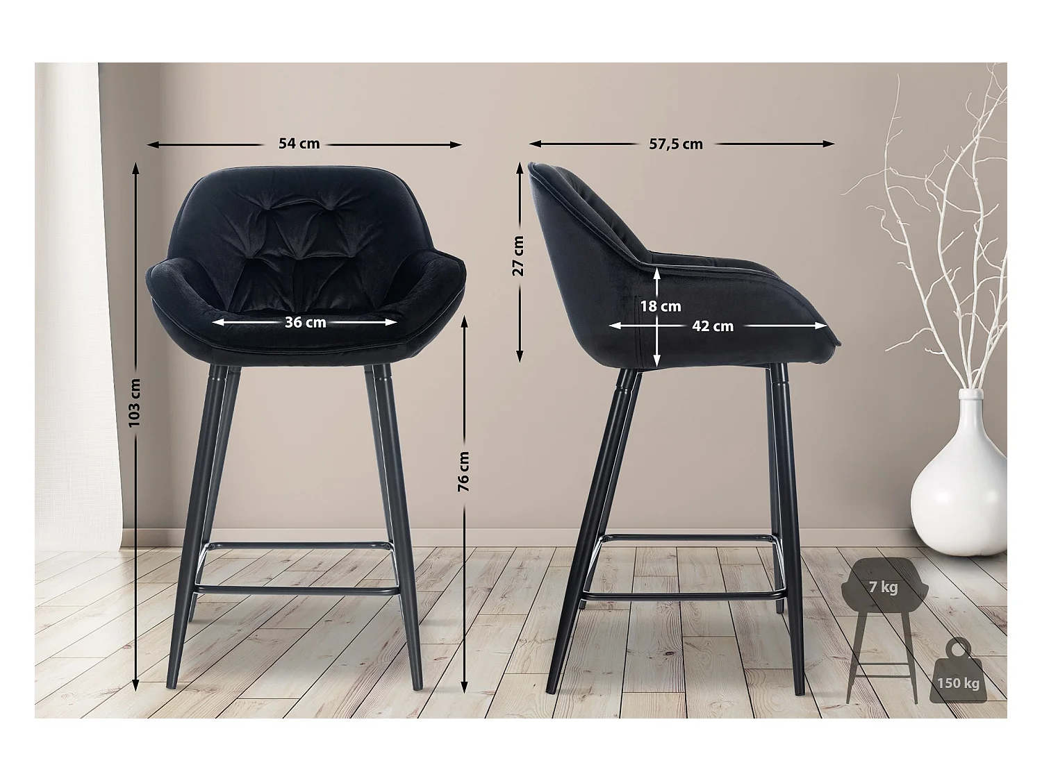 Tabouret de bar - Velours & Métal - Noir - Gibson 76