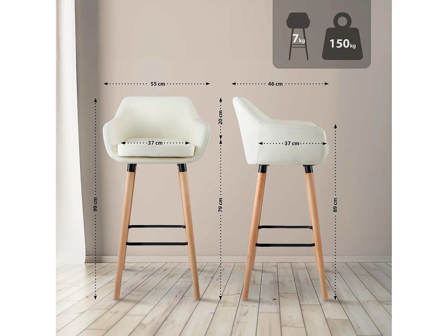 Lot de 2  Tabouret de bar - Similicuir & Noir - Crème - Grant