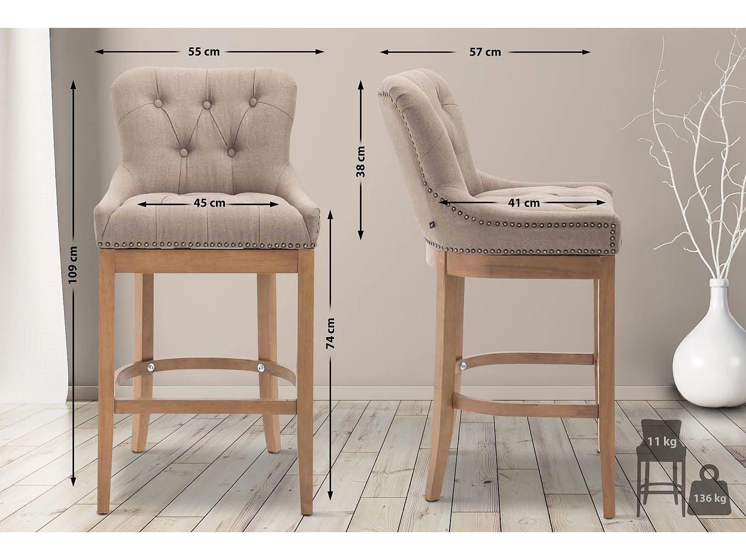 Tabouret de bar - Tissu & Antique - Taupe - Lakewood