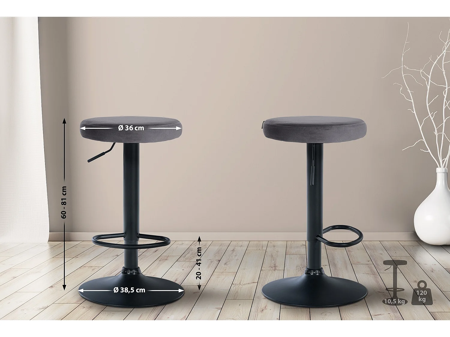 Tabouret de bar - Velours & Noir - Gris foncé - Ponte