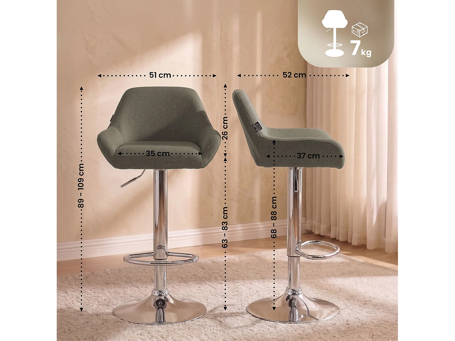 Tabouret de bar - Tissu & Chrome - Taupe - Braga