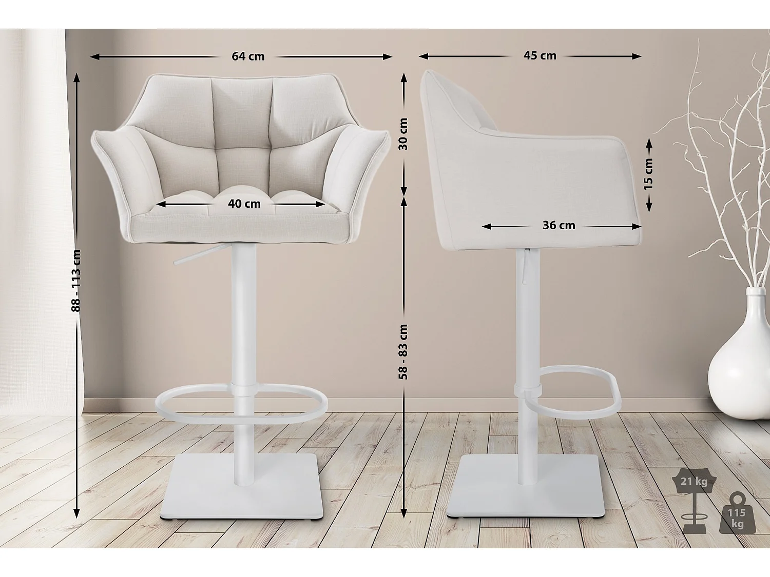 Lot de 2  Tabouret de bar - Tissu & Blanc - Blanc - Damaso