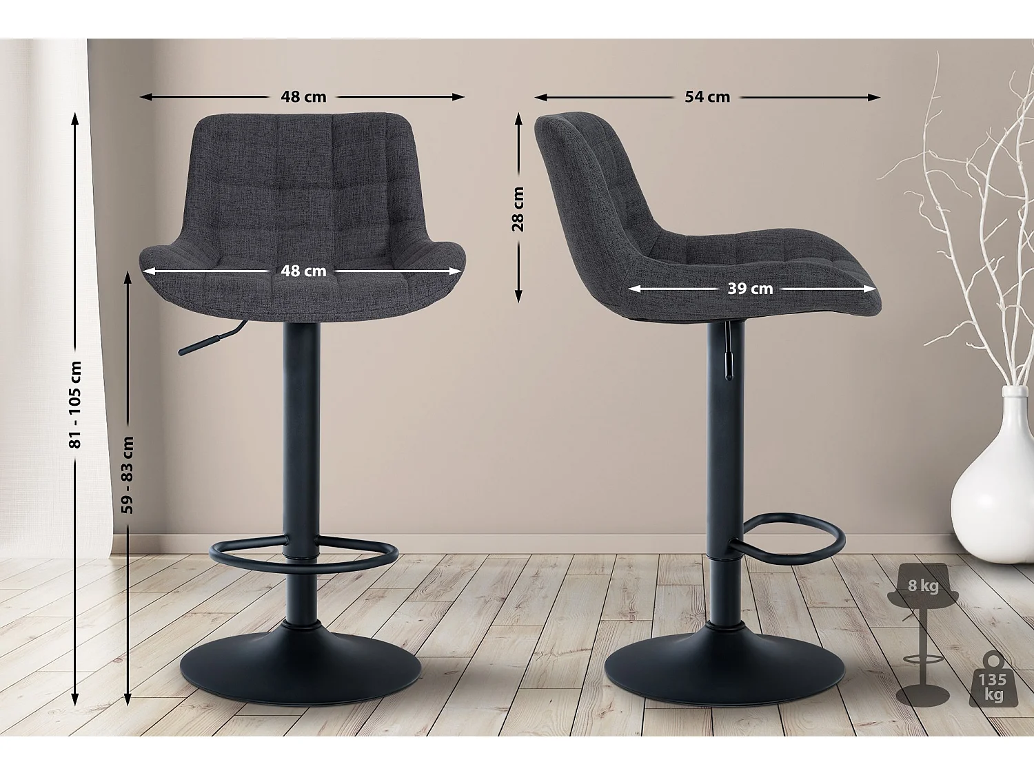 Lot de 2  Tabouret de bar - Tissu - Noir - Tover