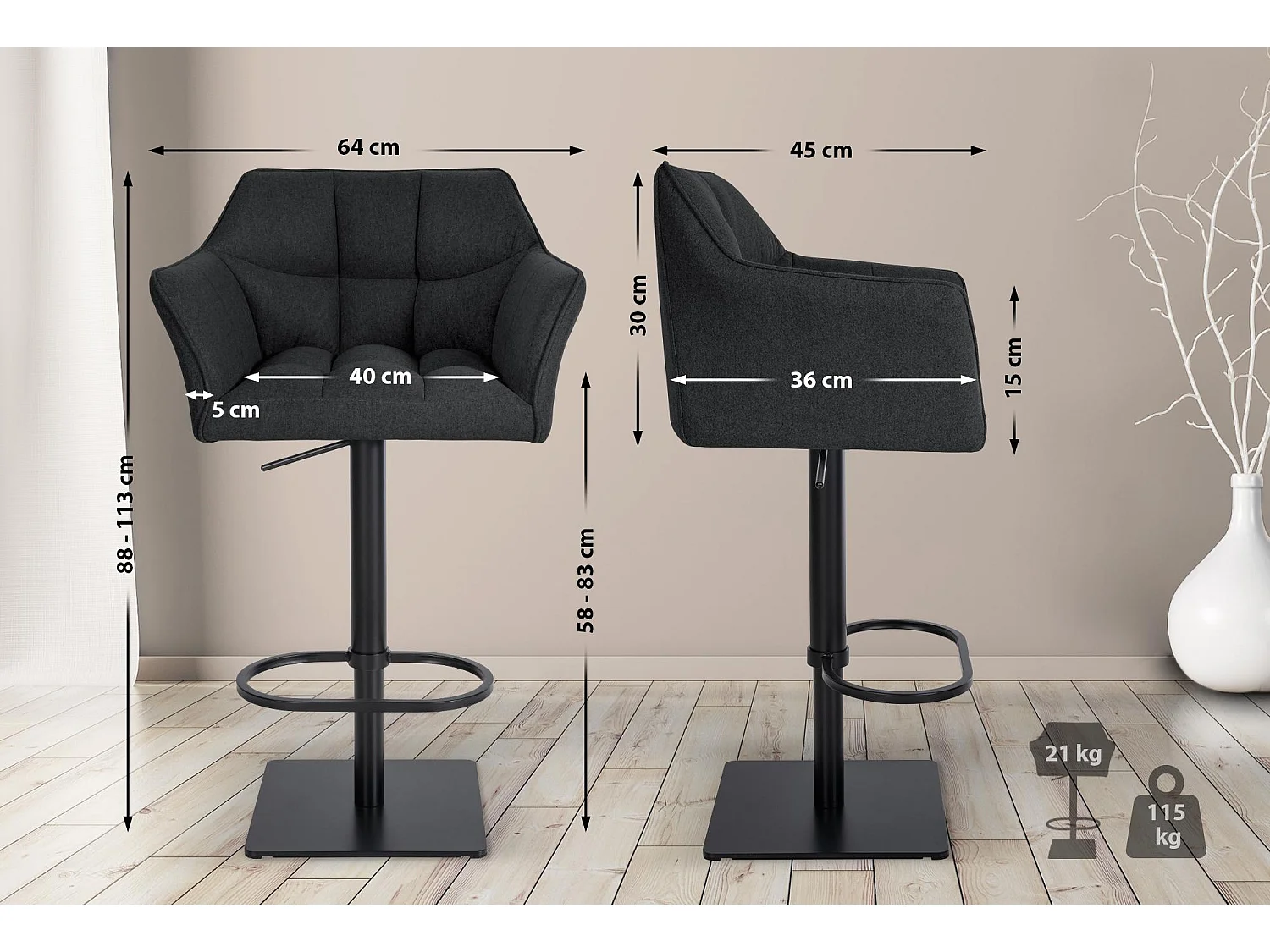 Tabouret de bar - Feutrine & Noir - Anthracite - Damaso