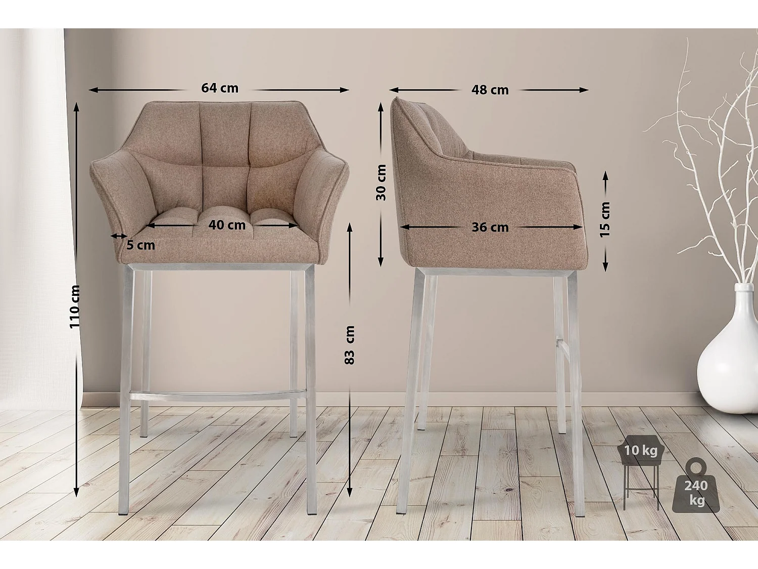 Tabouret de bar - Feutrine & Acier inoxydable - Taupe - Damaso