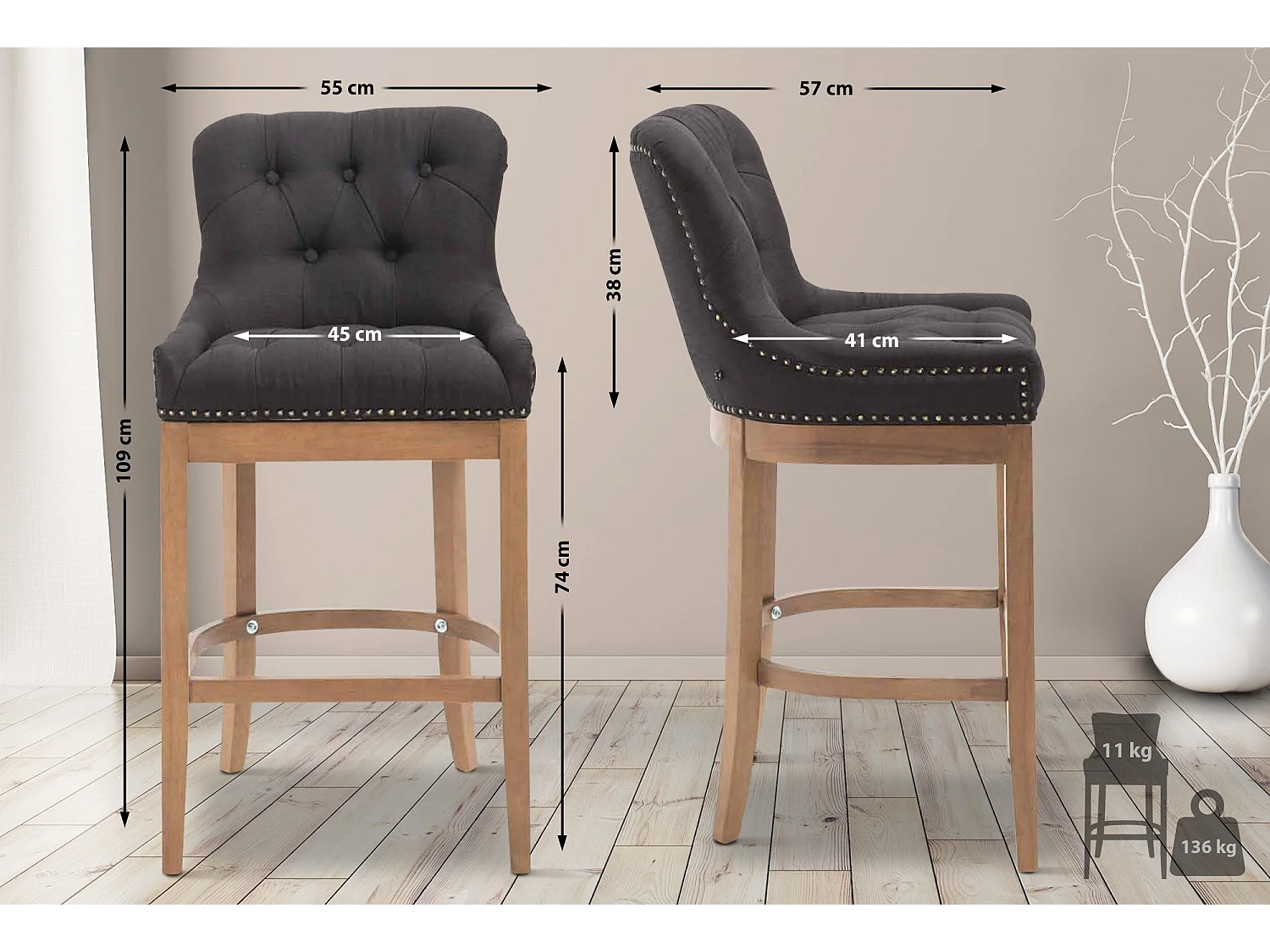 Tabouret de bar - Tissu & Antique - Noir - Lakewood