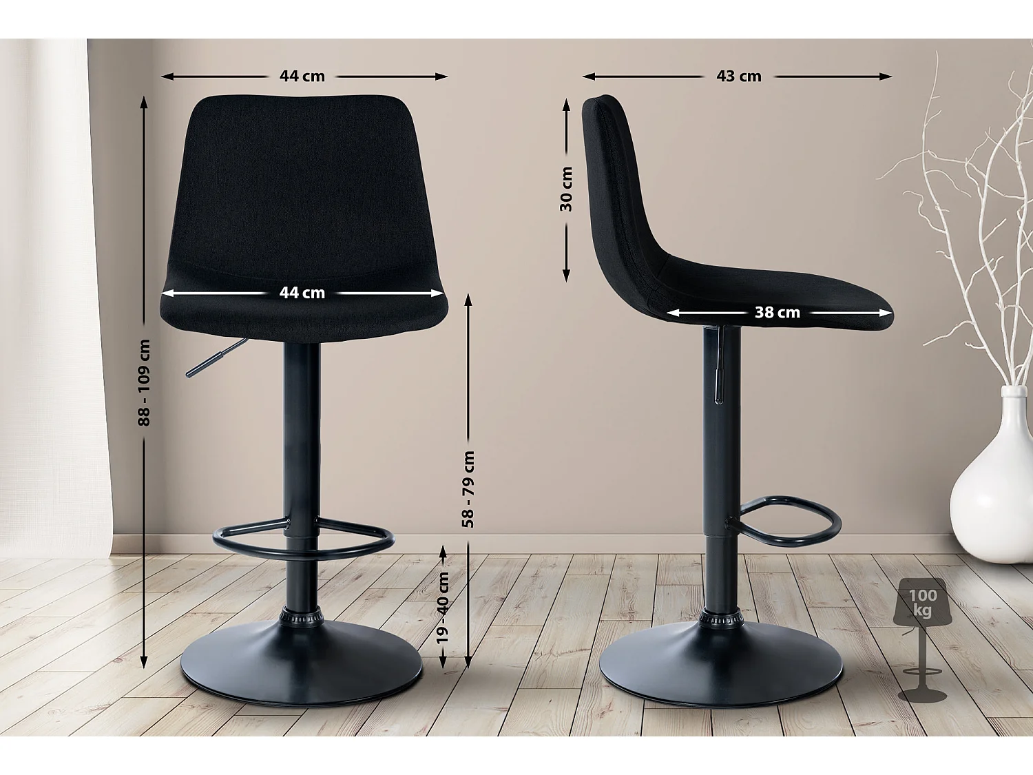 Tabouret de bar - Tissu & Métal - Noir - Divo