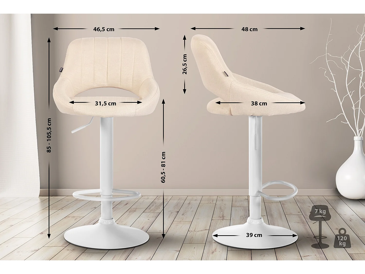 Tabouret de bar - Tissu & Blanc - Crème - Milet