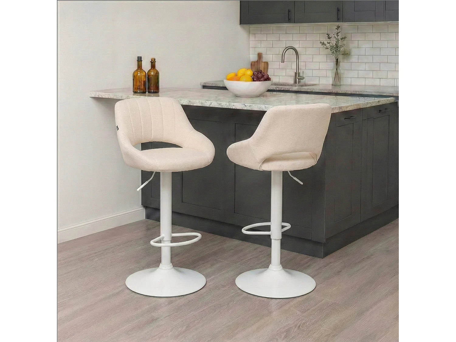 Tabouret de bar - Tissu & Blanc - Crème - Milet