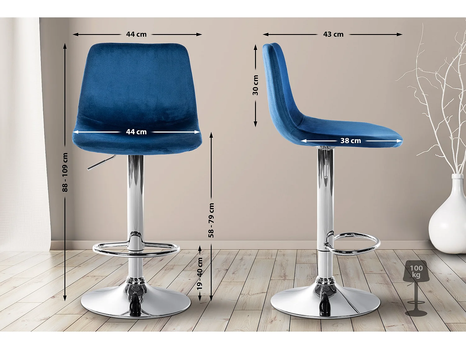 Tabouret de bar - Velours & Métal - Bleu - Divo