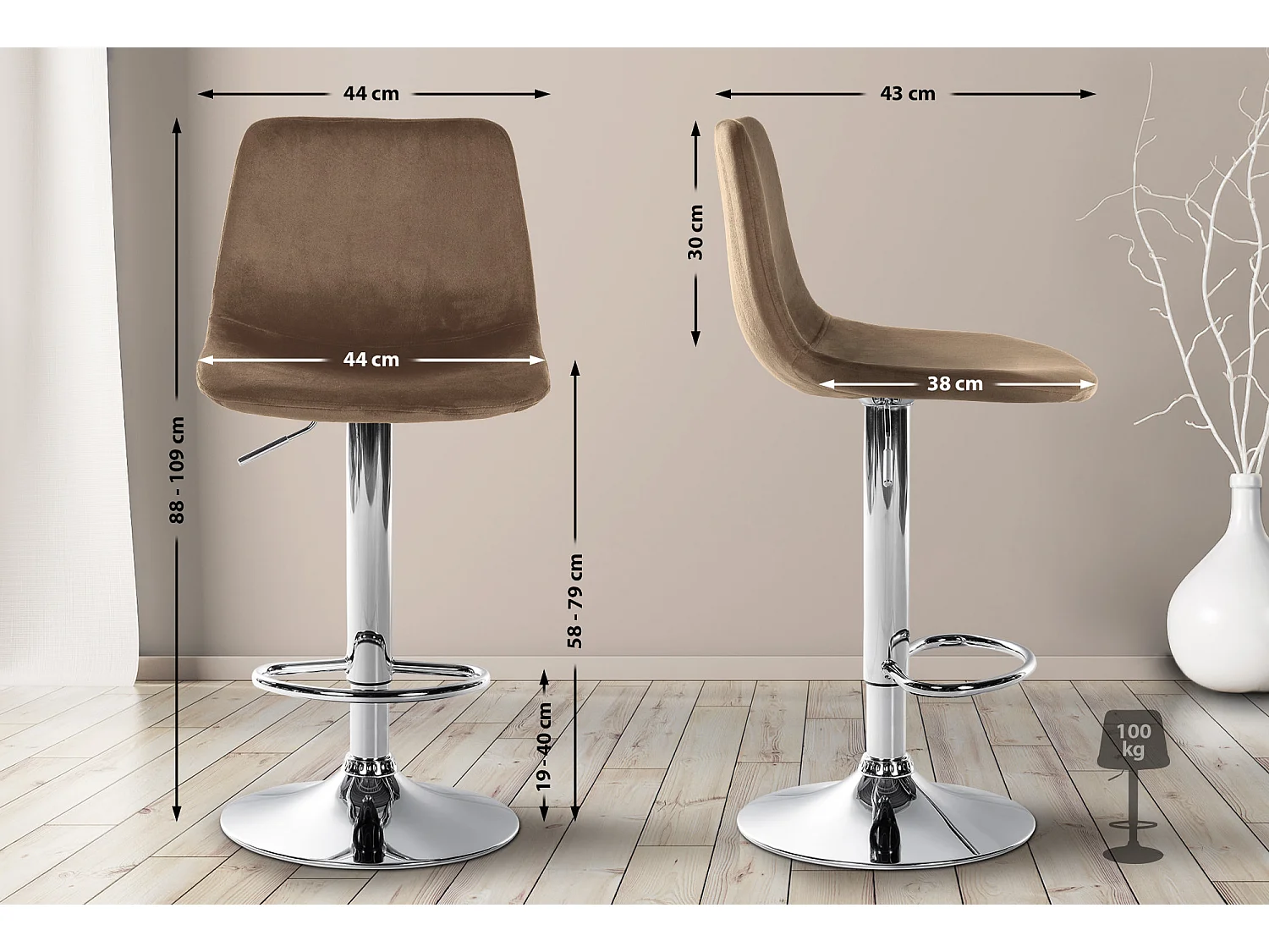 Lot de 2  Tabouret de bar - Velours & Métal chromé - Marron - Divo