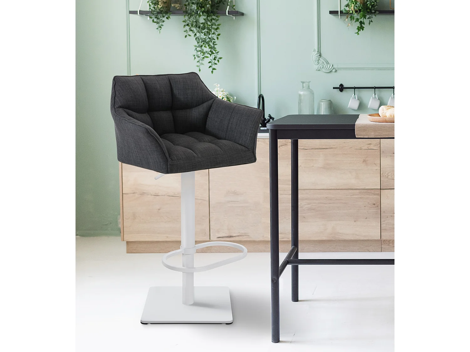 Lot de 2  Tabouret de bar - Tissu & Blanc - Gris foncé - Damaso