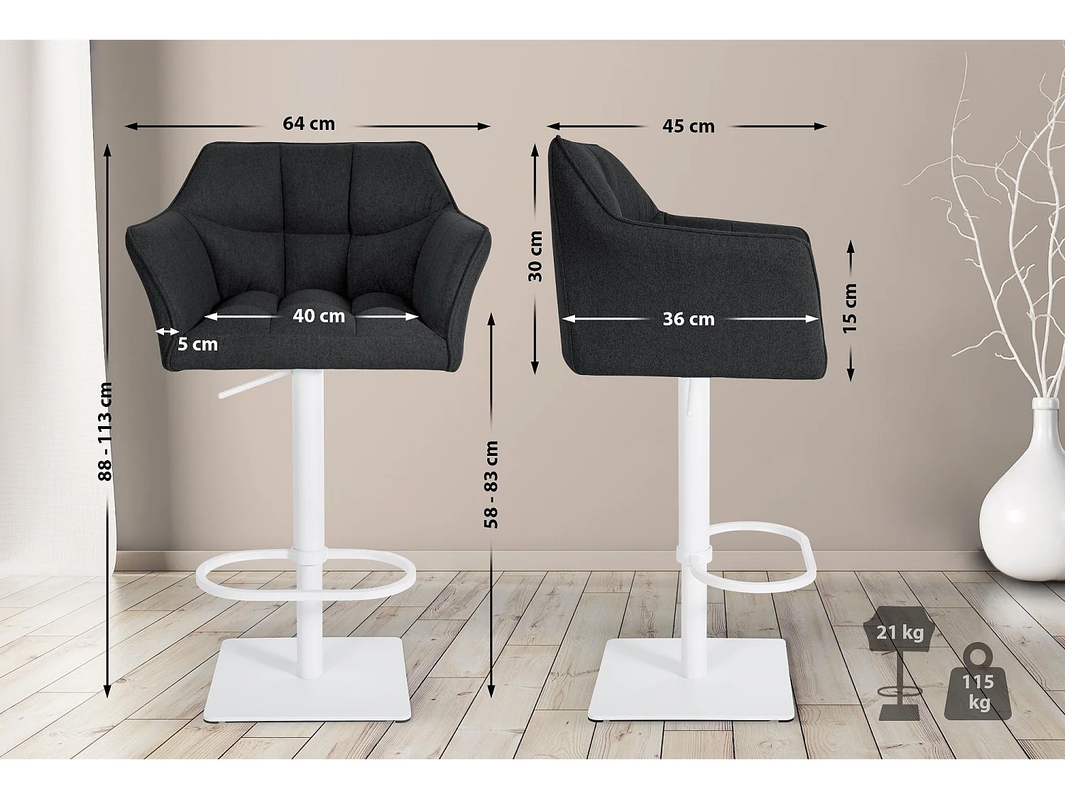 Tabouret de bar - Feutrine & Blanc - Anthracite - Damaso