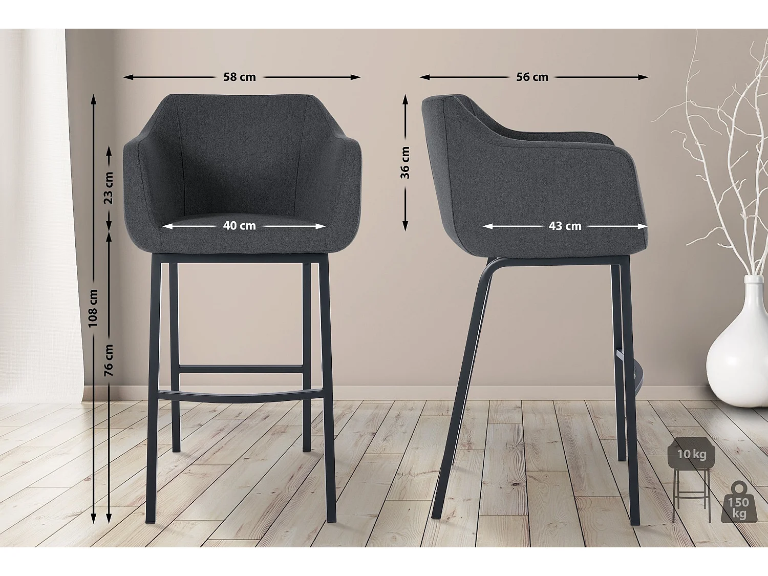 Tabouret de bar - Feutrine & Métal - Gris - Monea