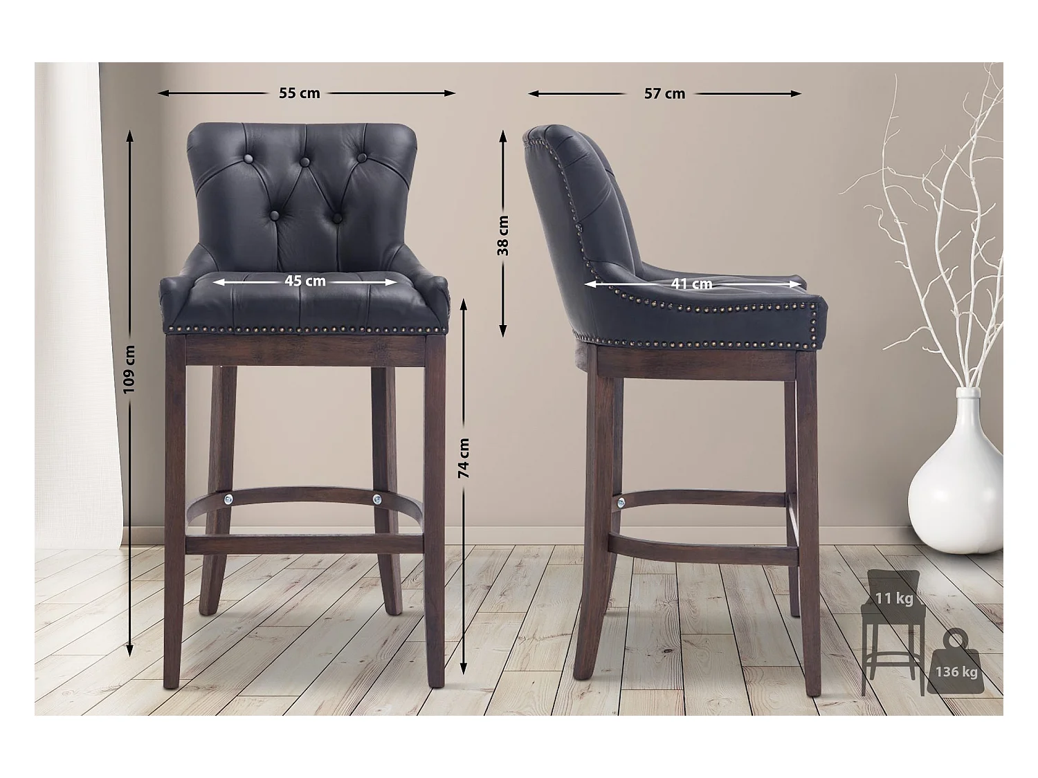 Barhocker - Echtleder & Holz - schwarz - Lakewood