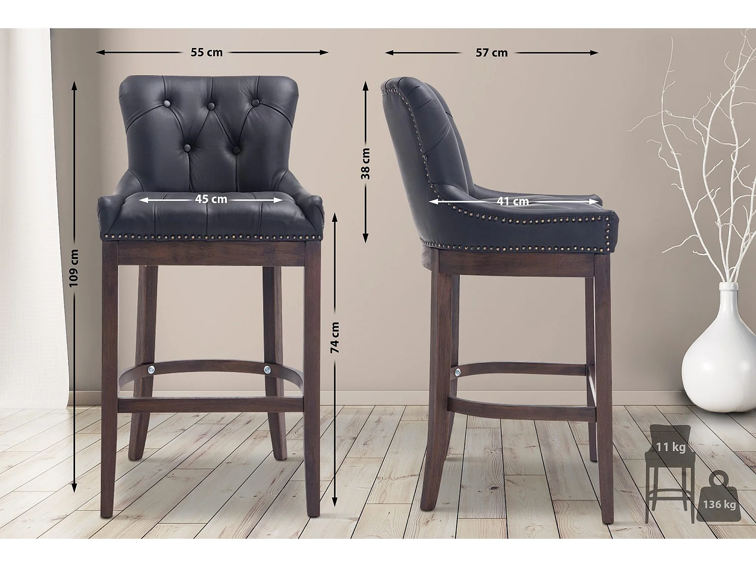 Tabouret de bar - Véritable cuir & Bois - Noir - Lakewood