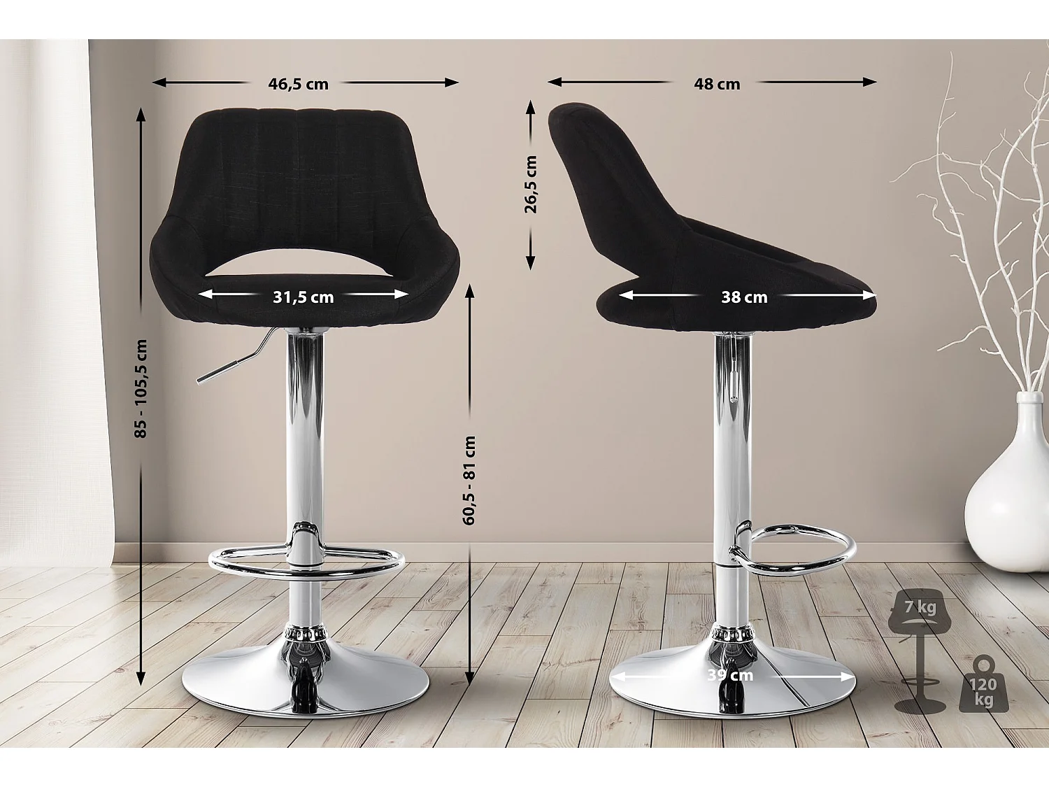 Tabouret de bar - Tissu & Chrome - Noir - Milet