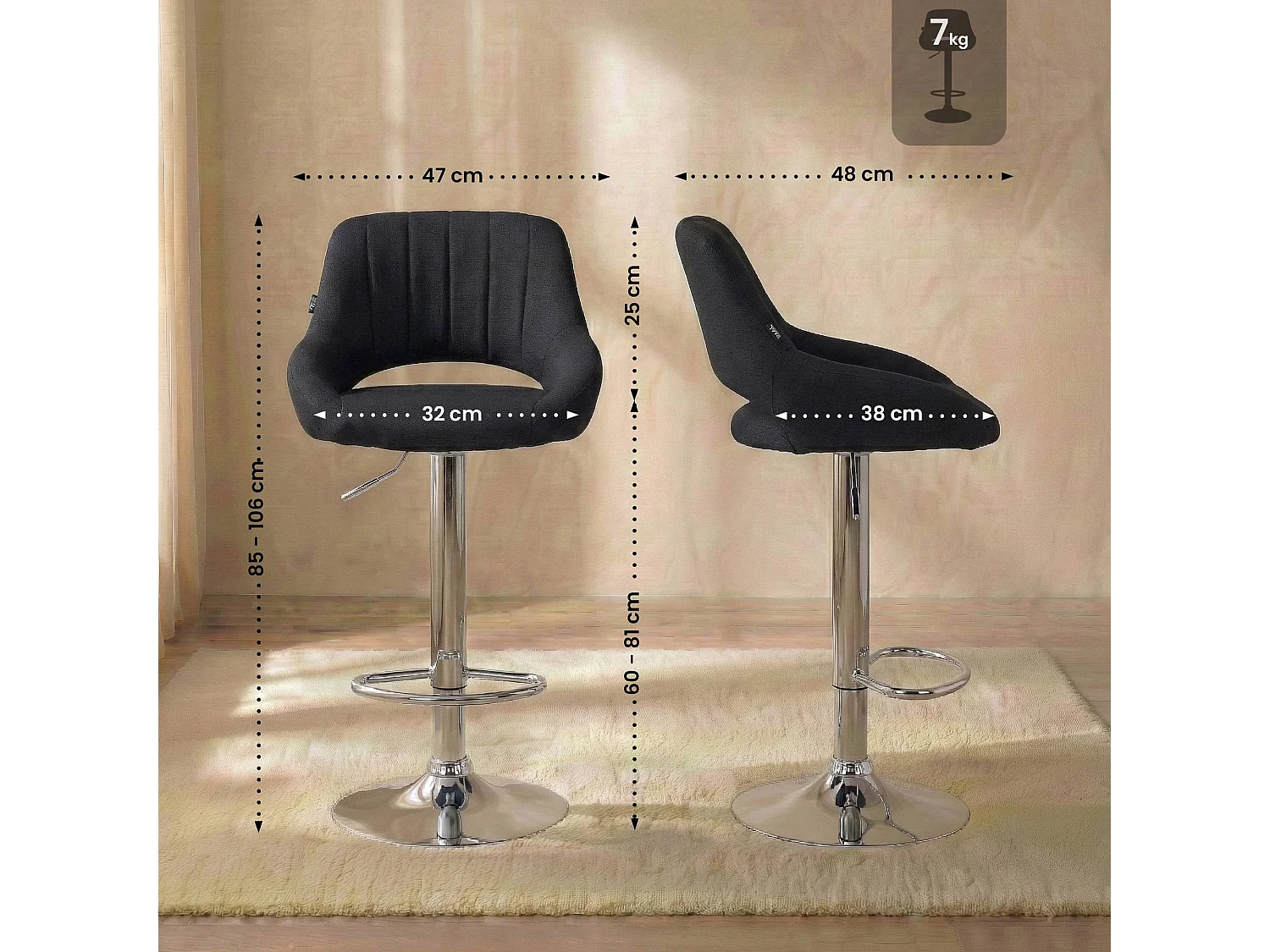 Tabouret de bar - Tissu & Chrome - Noir - Milet