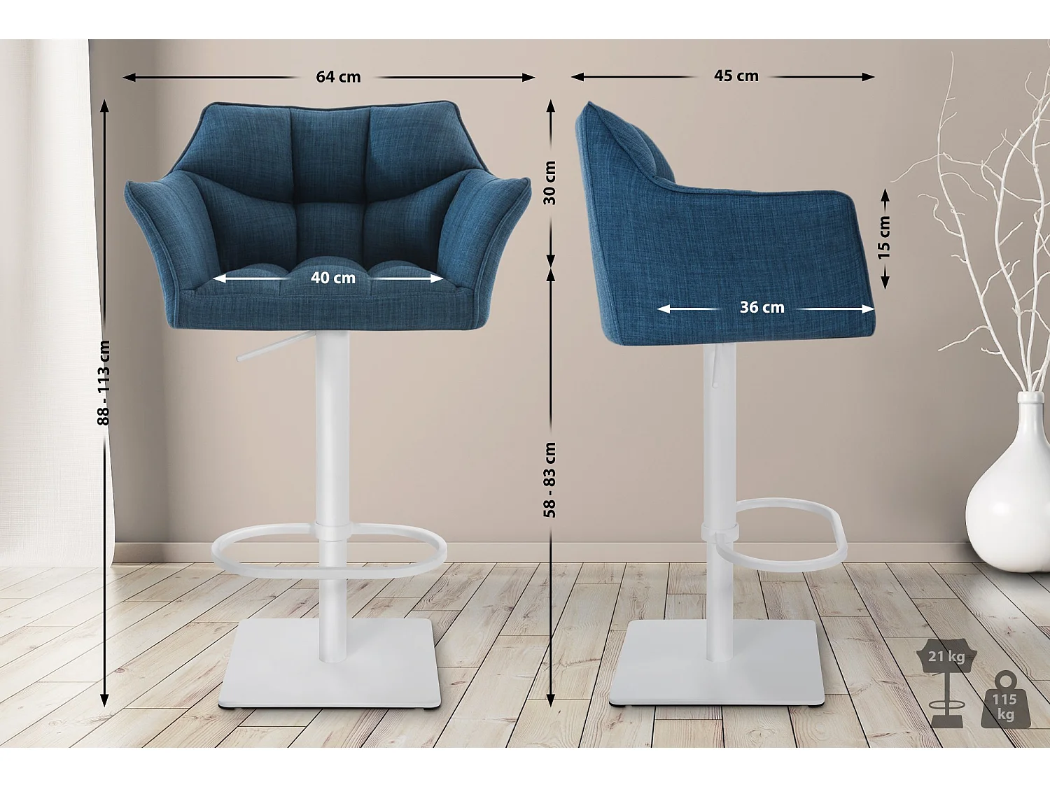 Lot de 2  Tabouret de bar - Tissu & Blanc - Bleu - Damaso