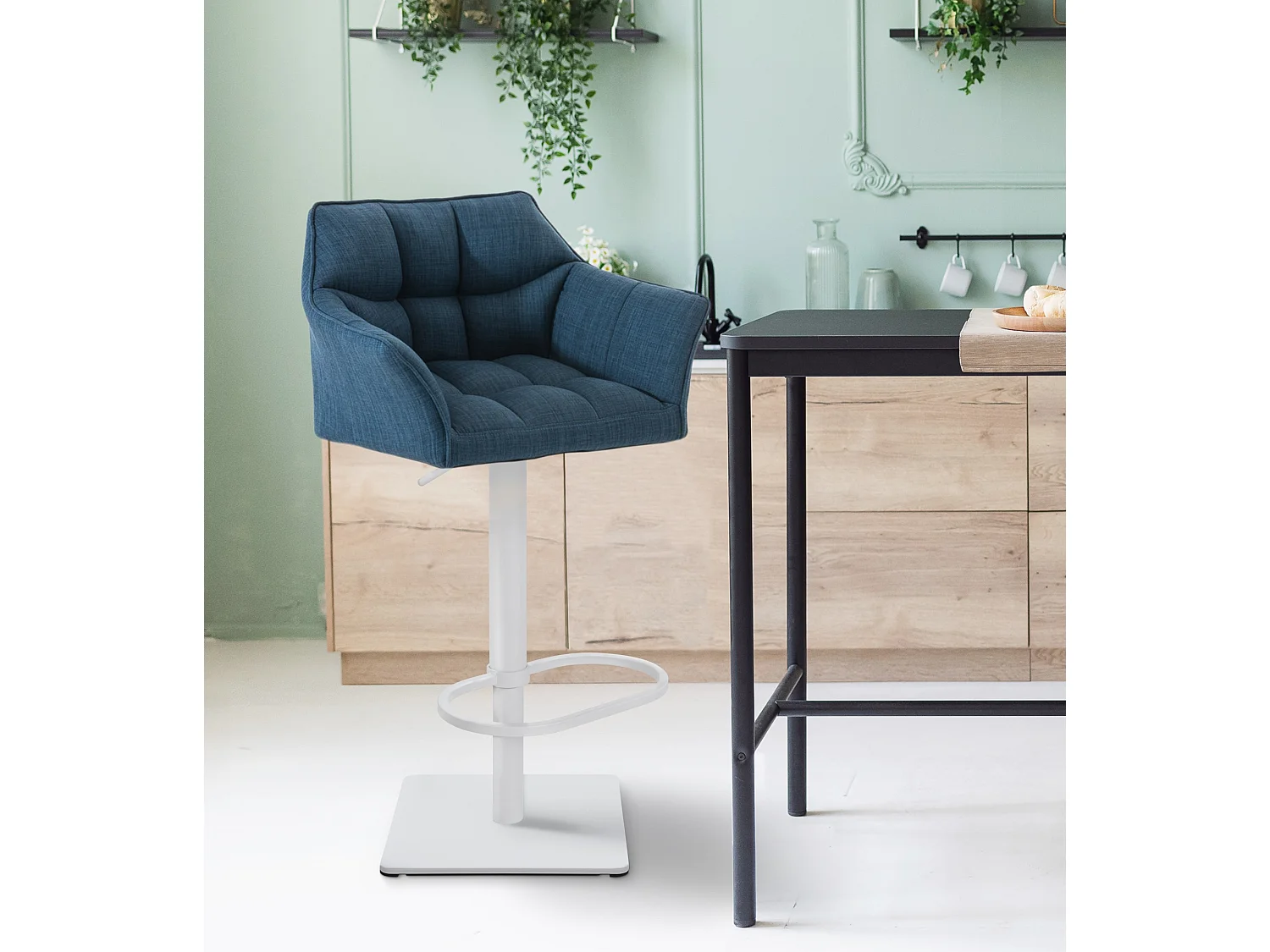 Lot de 2  Tabouret de bar - Tissu & Blanc - Bleu - Damaso