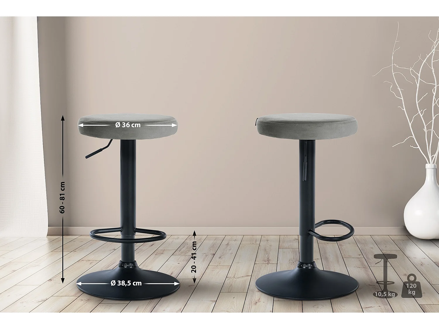 Tabouret de bar - Velours & Noir - Gris - Ponte
