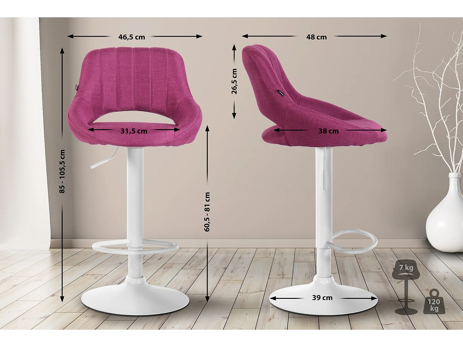 Tabouret de bar - Tissu & Blanc - Violet - Milet