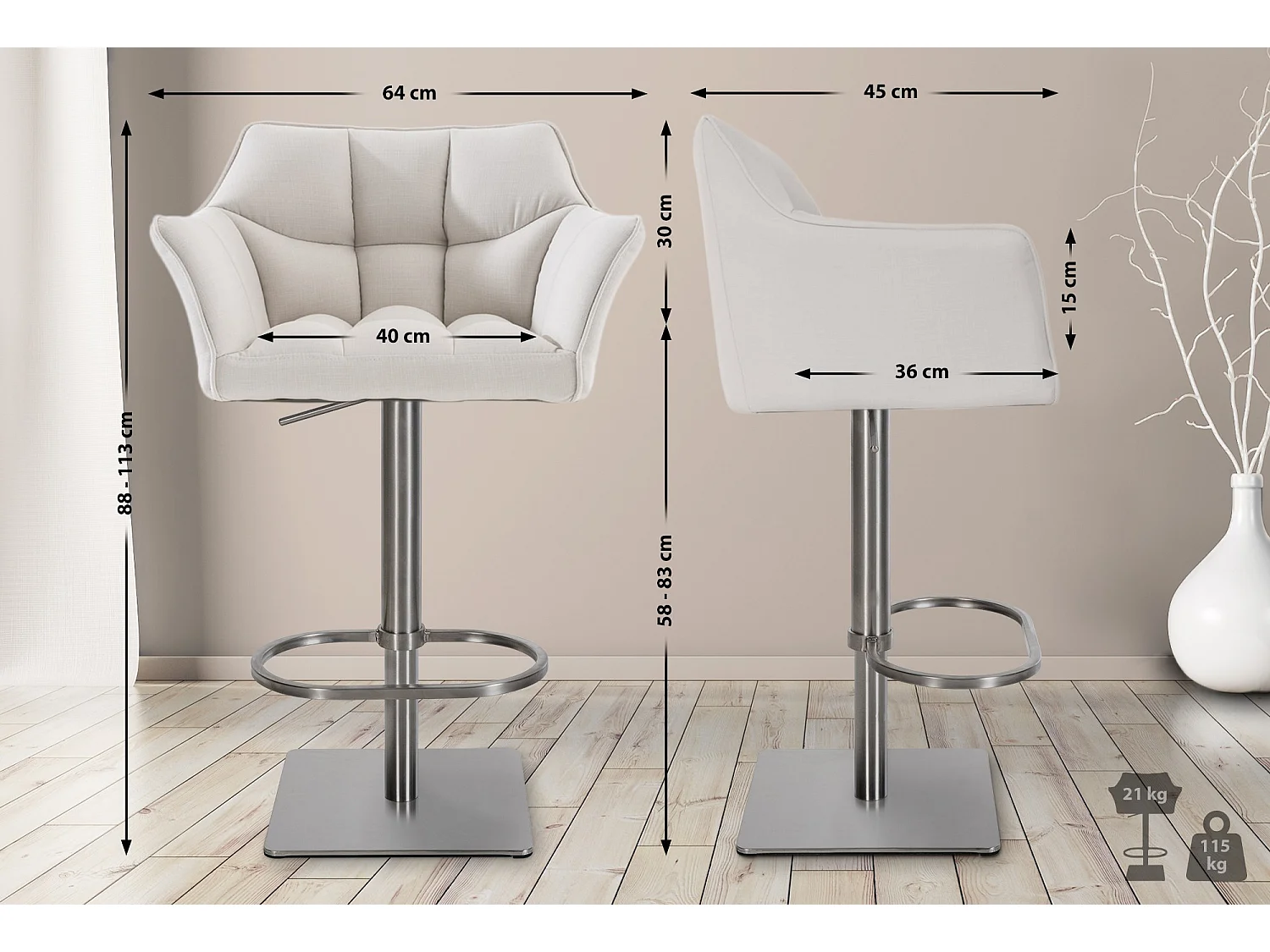 Lot de 2  Tabouret de bar - Tissu & Acier inoxydable - Blanc - Damaso