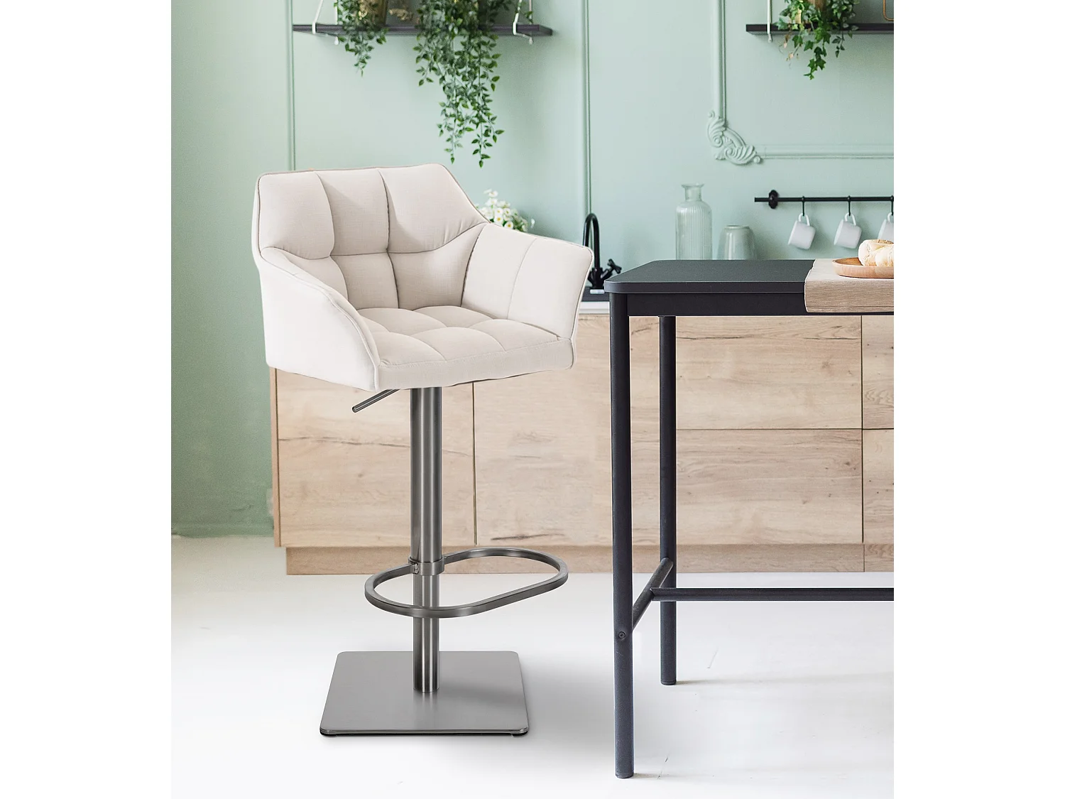 Lot de 2  Tabouret de bar - Tissu & Acier inoxydable - Blanc - Damaso