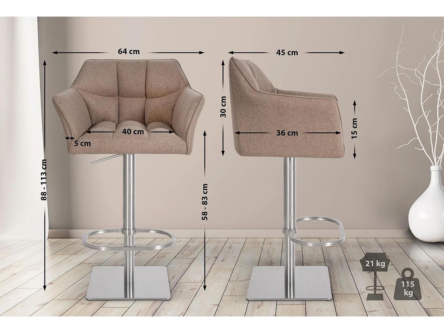 Tabouret de bar - Feutrine & Acier inoxydable - Taupe - Damaso
