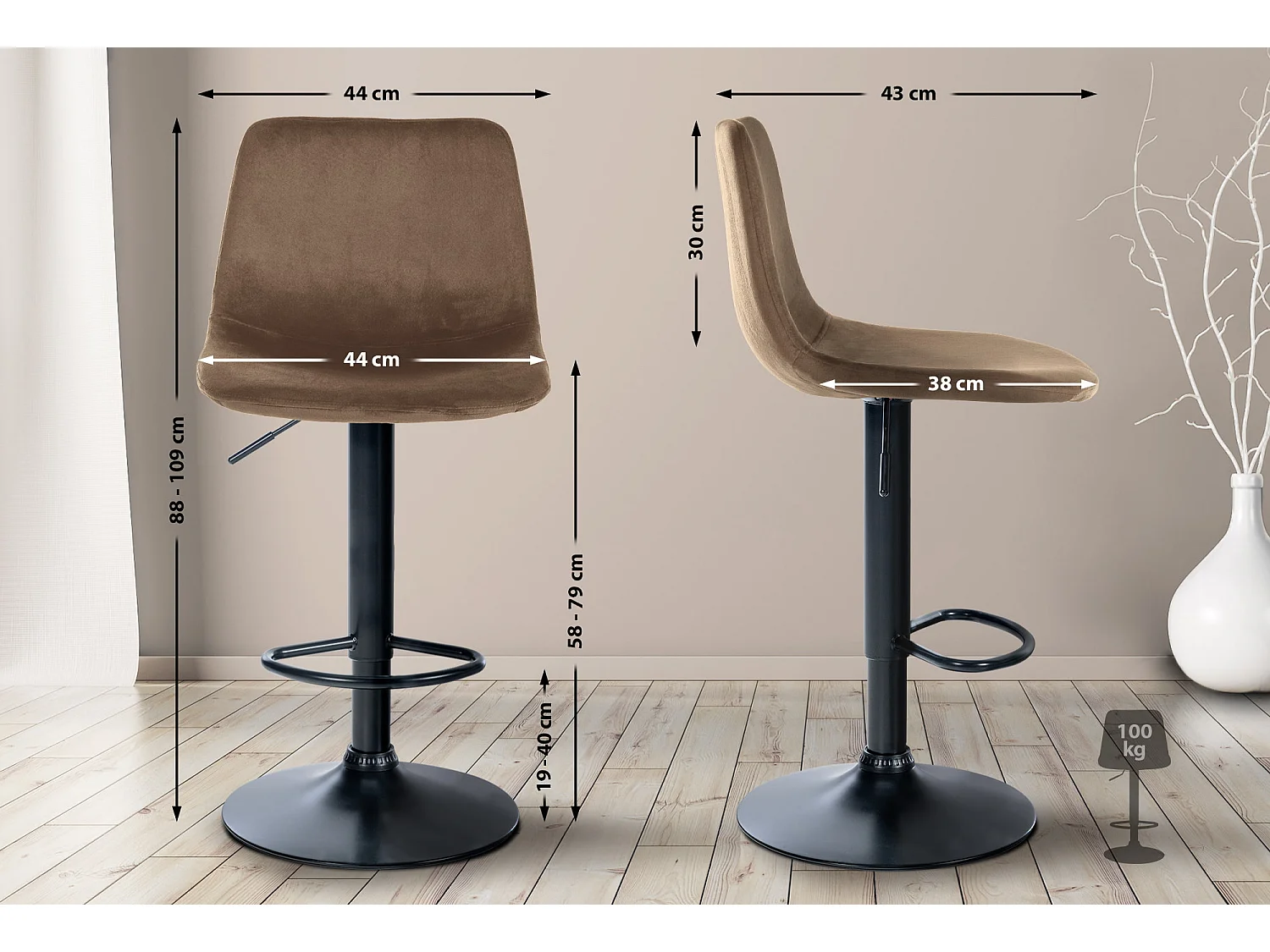 Lot de 2  Tabouret de bar - Velours & Métal noir mat - Marron - Divo