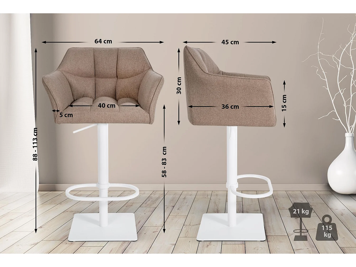 Tabouret de bar - Feutrine & Blanc - Taupe - Damaso