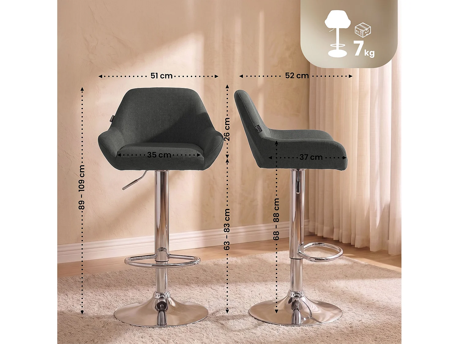 Tabouret de bar - Tissu & Chrome - Gris foncé - Braga
