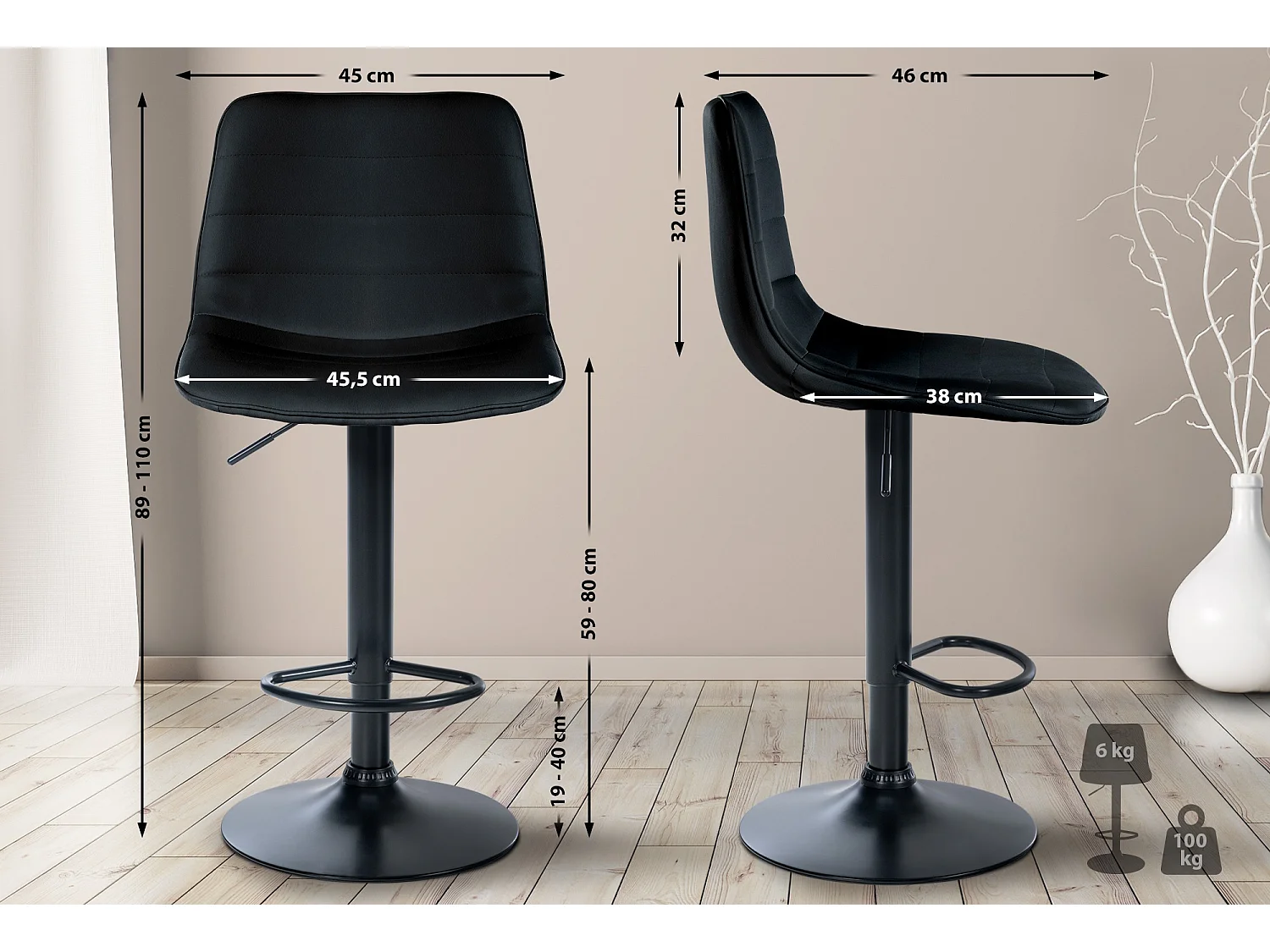 Tabouret de bar - Similicuir (PVC) & Métal - Noir - Lex