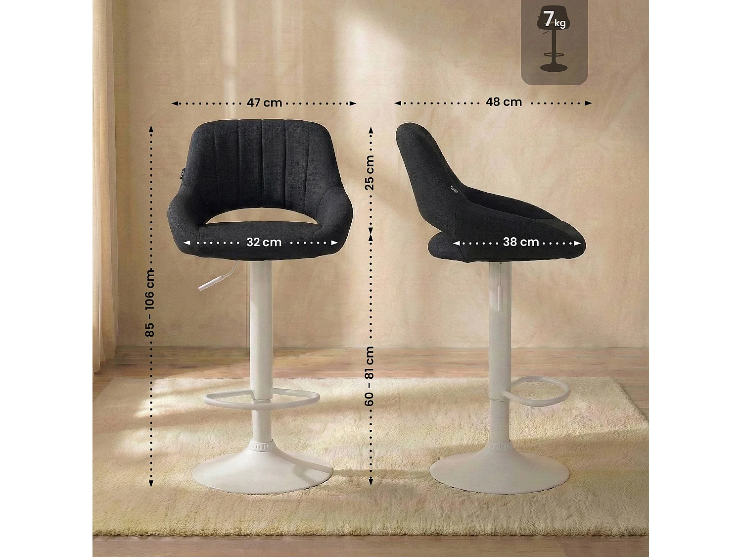 Tabouret de bar - Tissu & Blanc - Noir - Milet