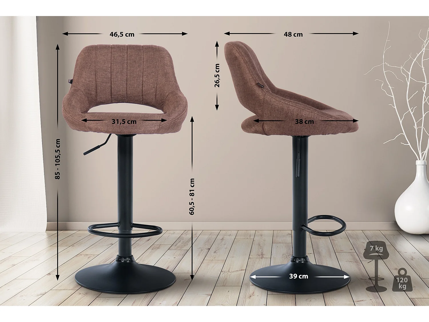 Tabouret de bar - Tissu & Noir - Marron - Milet