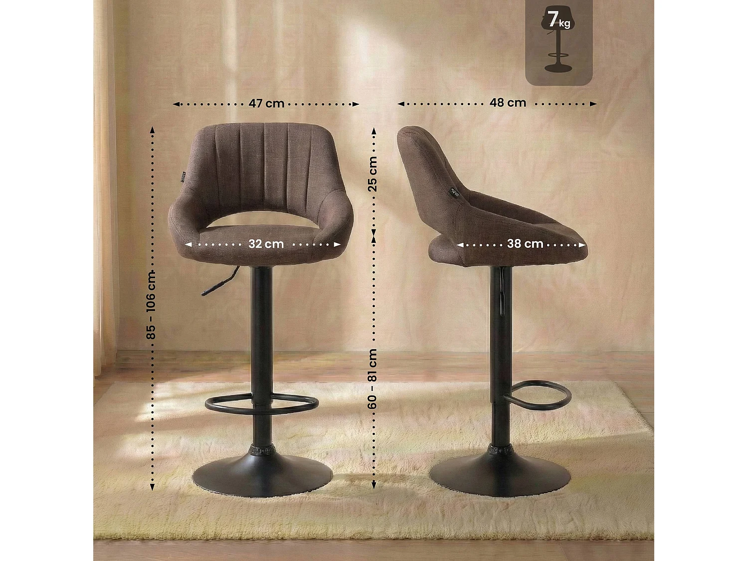 Tabouret de bar - Tissu & Noir - Marron - Milet