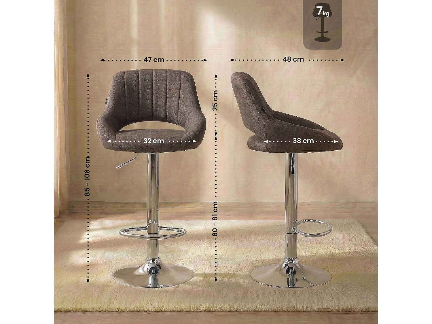 Tabouret de bar - Tissu & Chrome - Marron - Milet