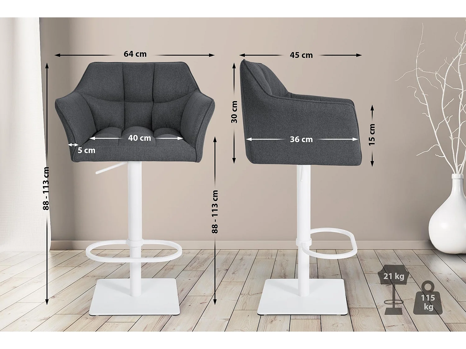 Tabouret de bar - Feutrine & Blanc - Gris - Damaso