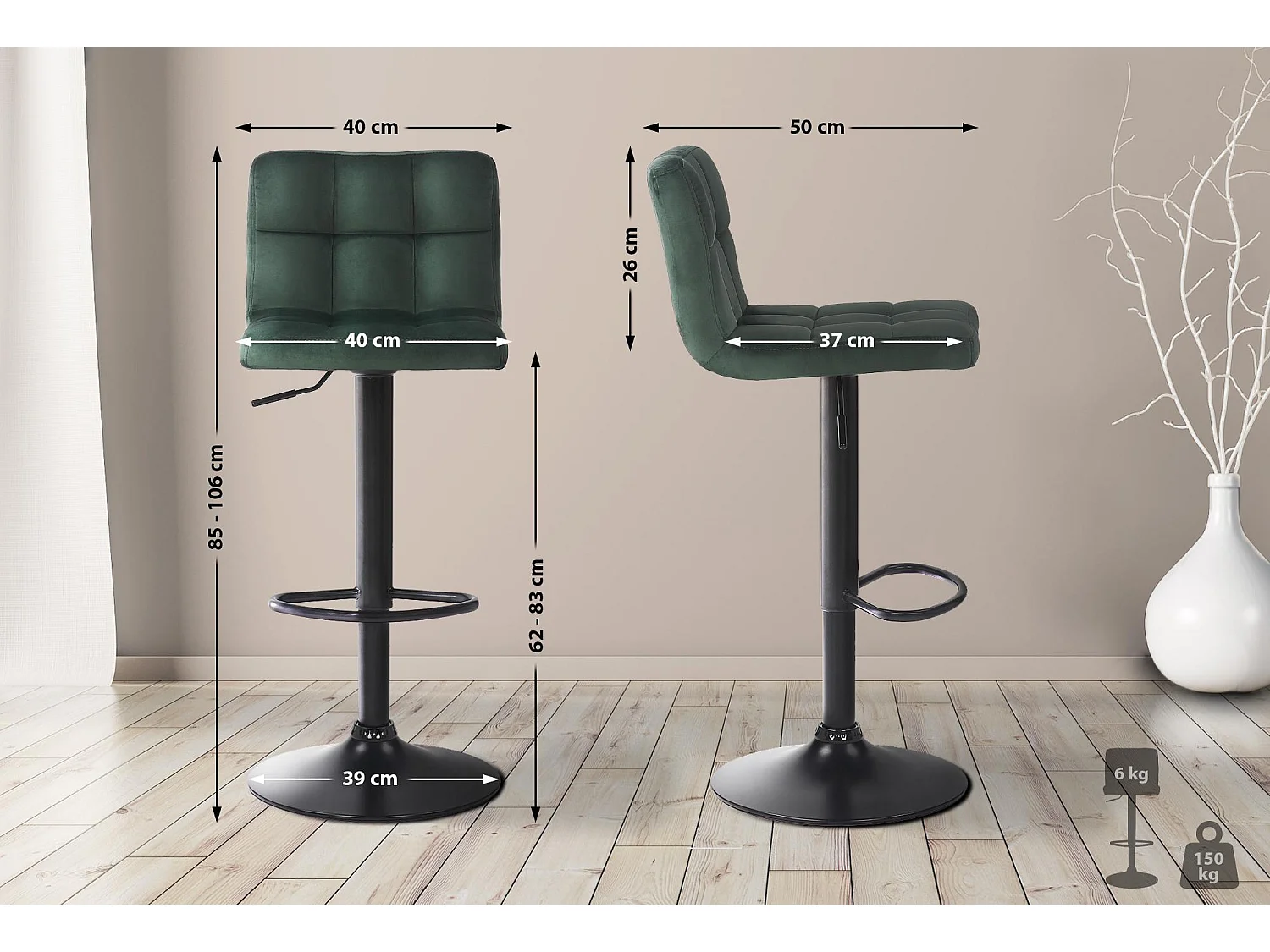 Lot de 2  Tabouret de bar - Velours & Blanc - Vert - Feni