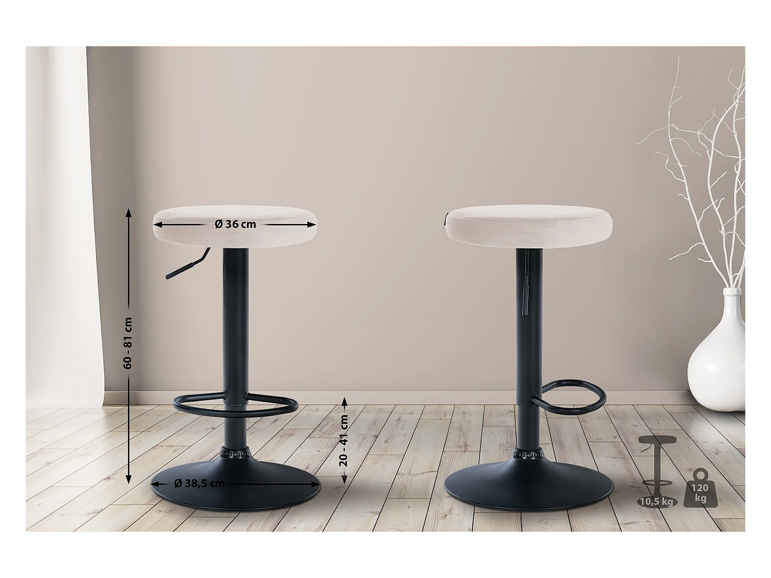 Tabouret de bar - Velours & Noir - Crème - Ponte
