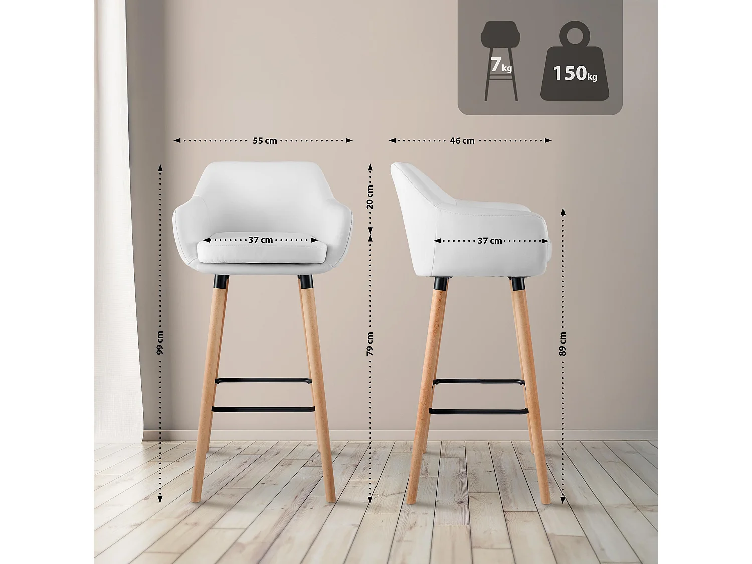 Lot de 2  Tabouret de bar - Similicuir - Blanc - Grant