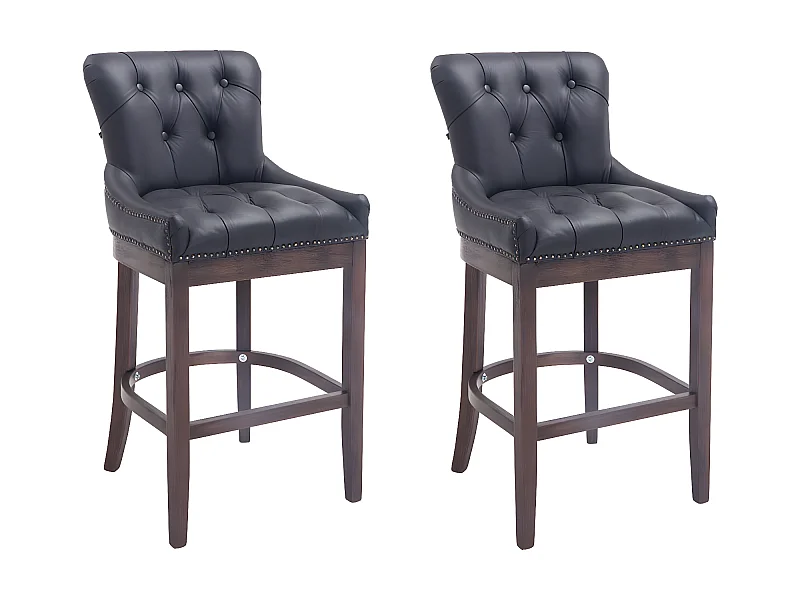 Lot de 2  Tabouret de bar - Véritable cuir & Bois - Noir - Lakewood