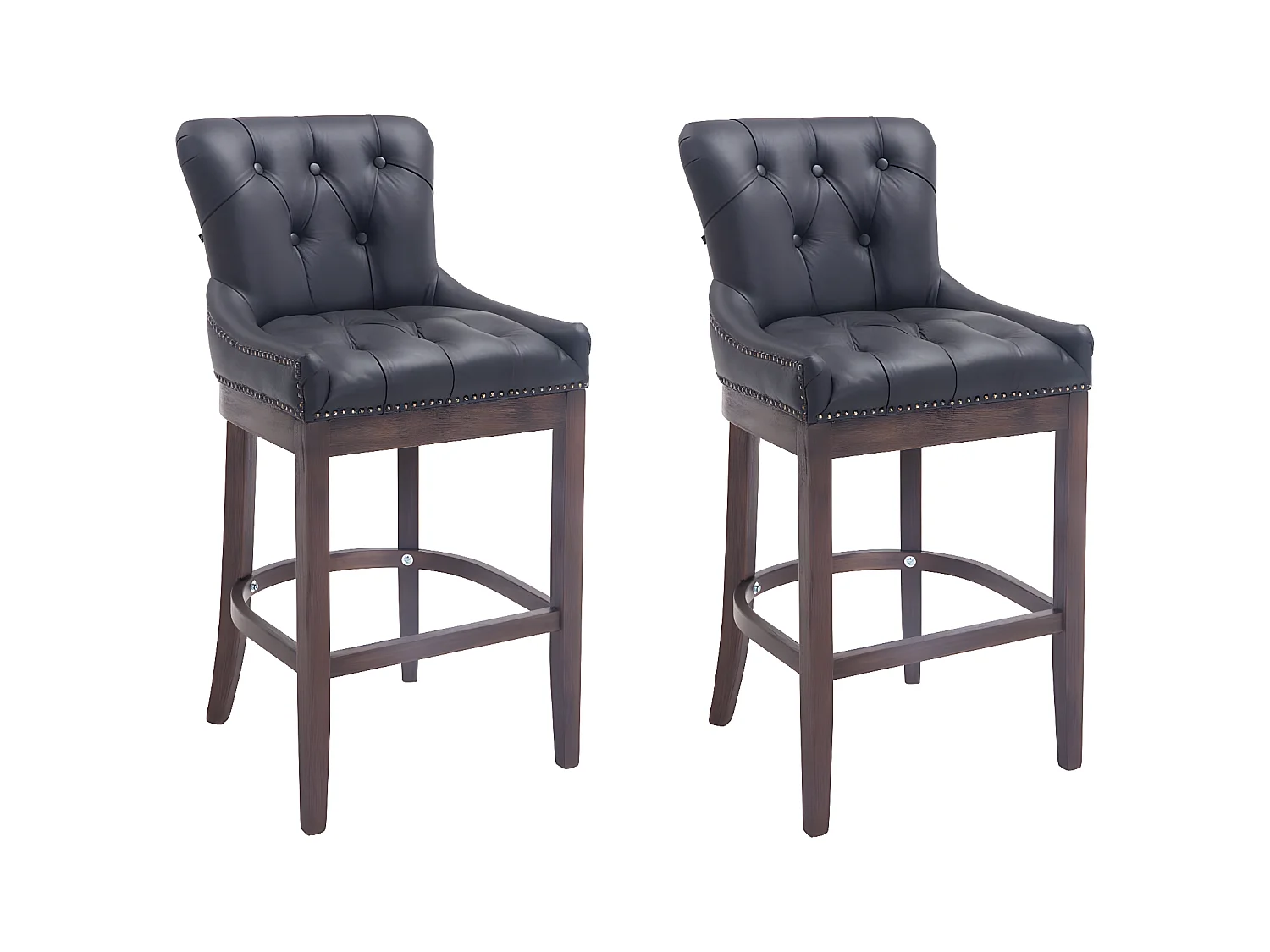 Lot de 2  Tabouret de bar - Véritable cuir & Bois - Noir - Lakewood
