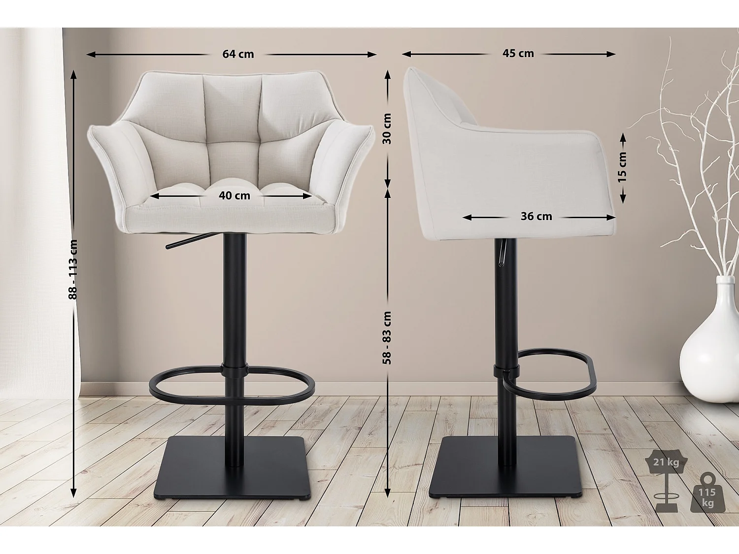 Lot de 2  Tabouret de bar - Tissu & Noir - Blanc - Damaso